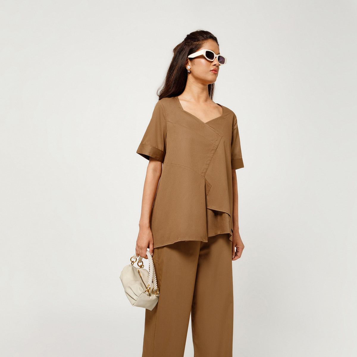 Brown Cotton Blend Draped A-Line Top
