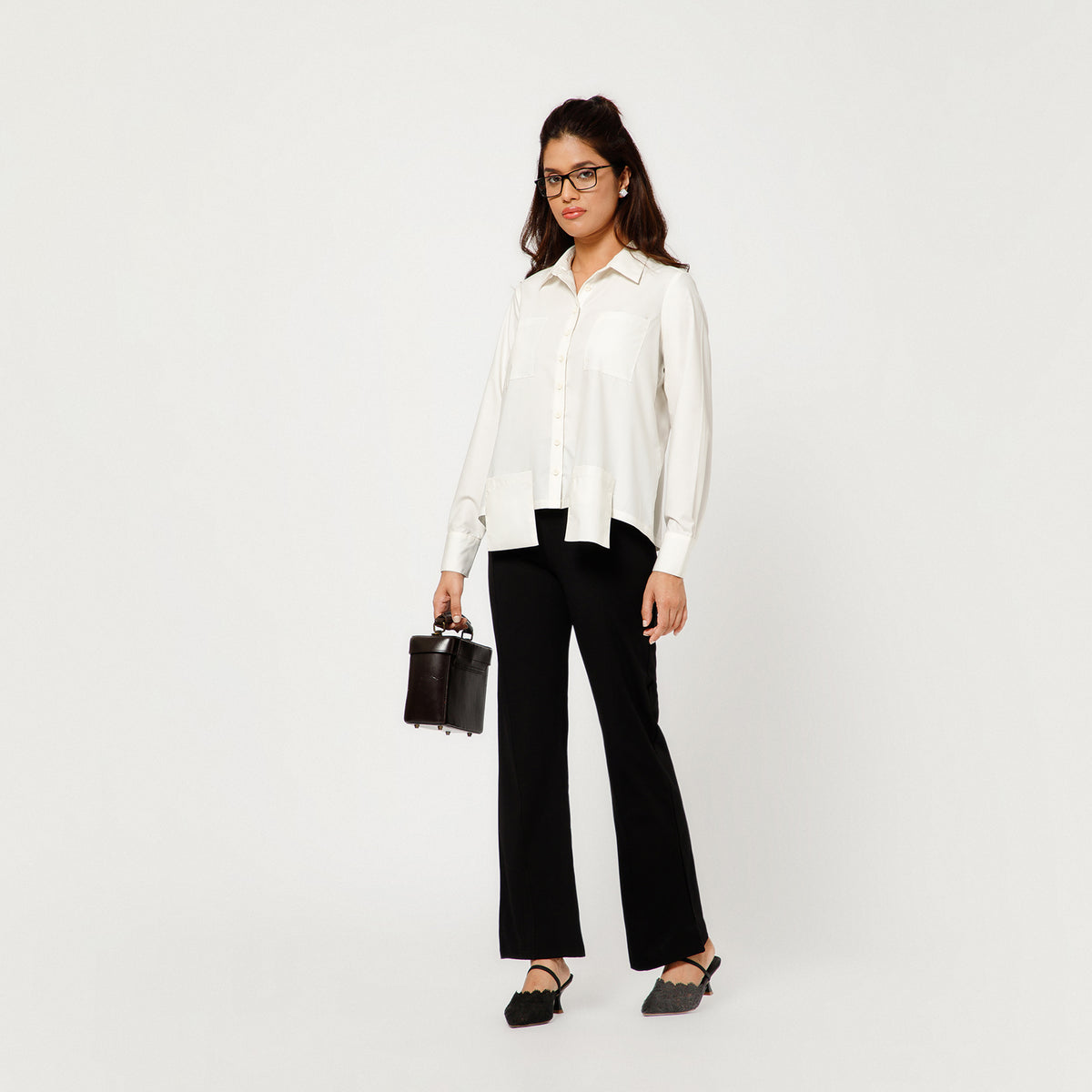 Off White Cotton Boxy Shirt With Visible Pocket