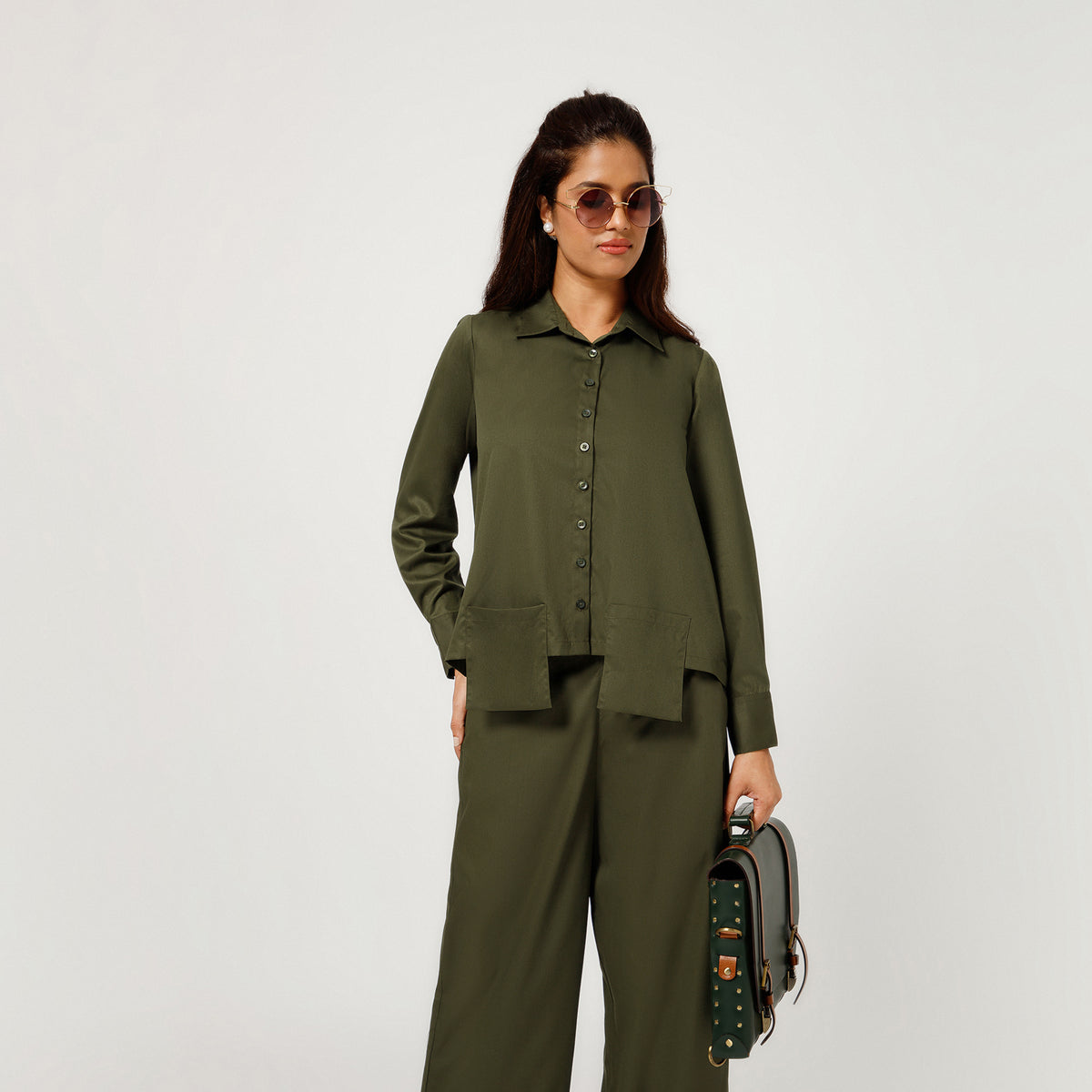 Olive Boxy Shirt With Visible Pocket