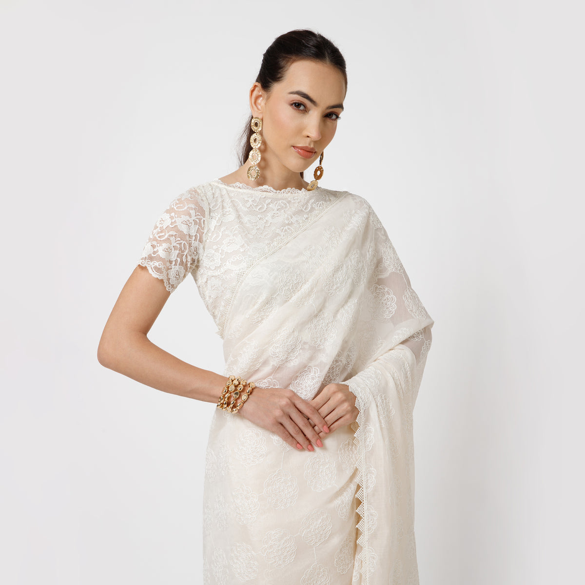 Off White Floral Embroidery Saree-1