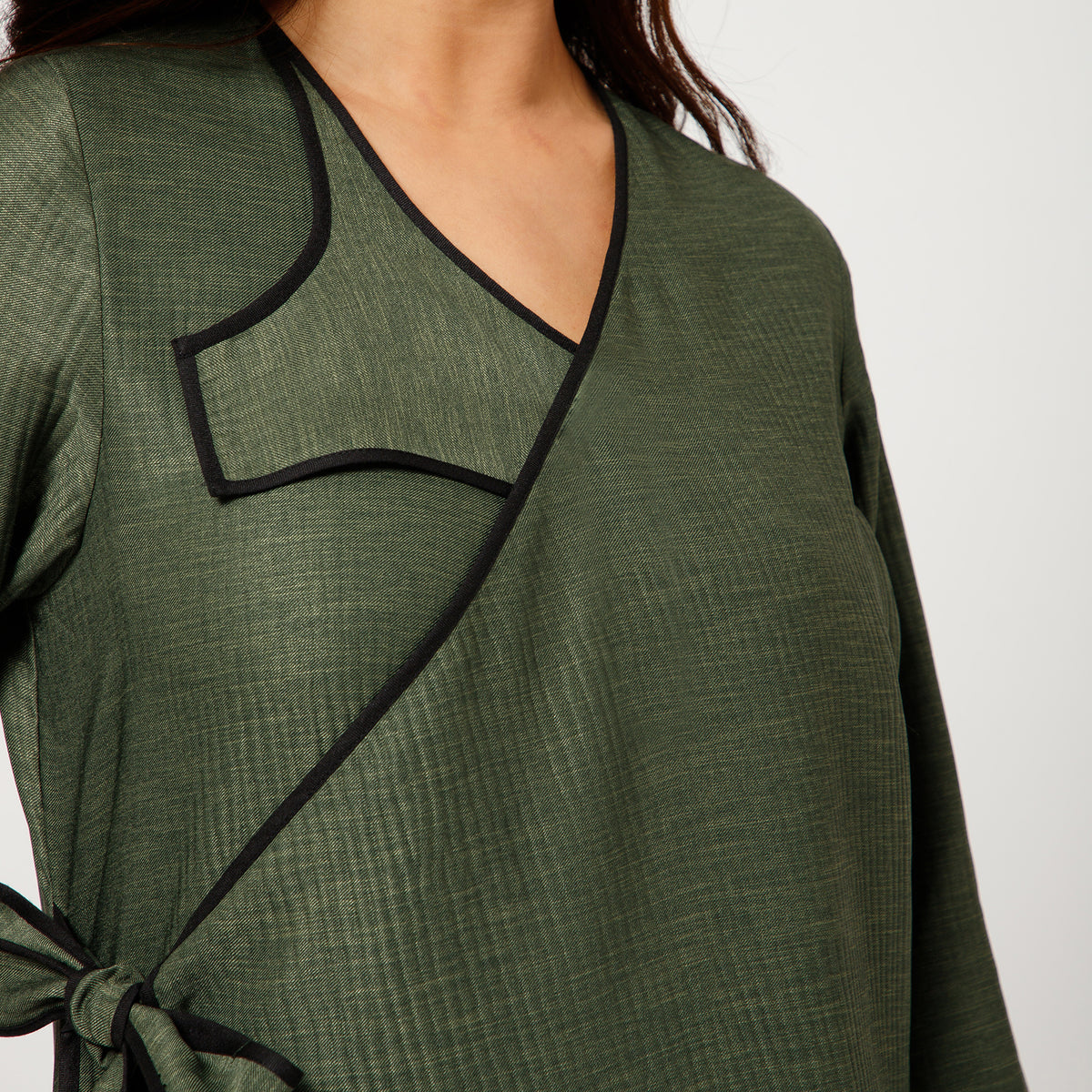 Olive Green Textured A-Line Kurta With Black Piping