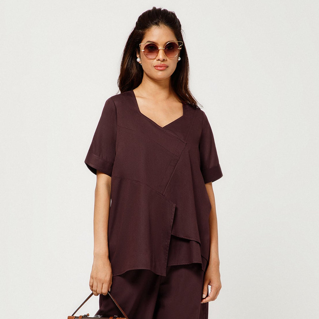 Prune Cotton Blend Draped A-Line Top