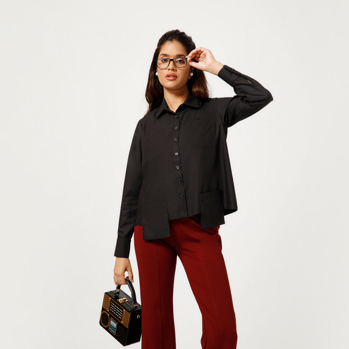 Black Cotton Boxy Shirt With Visible Pocket