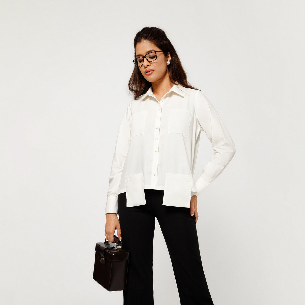 Off White Cotton Boxy Shirt With Visible Pocket