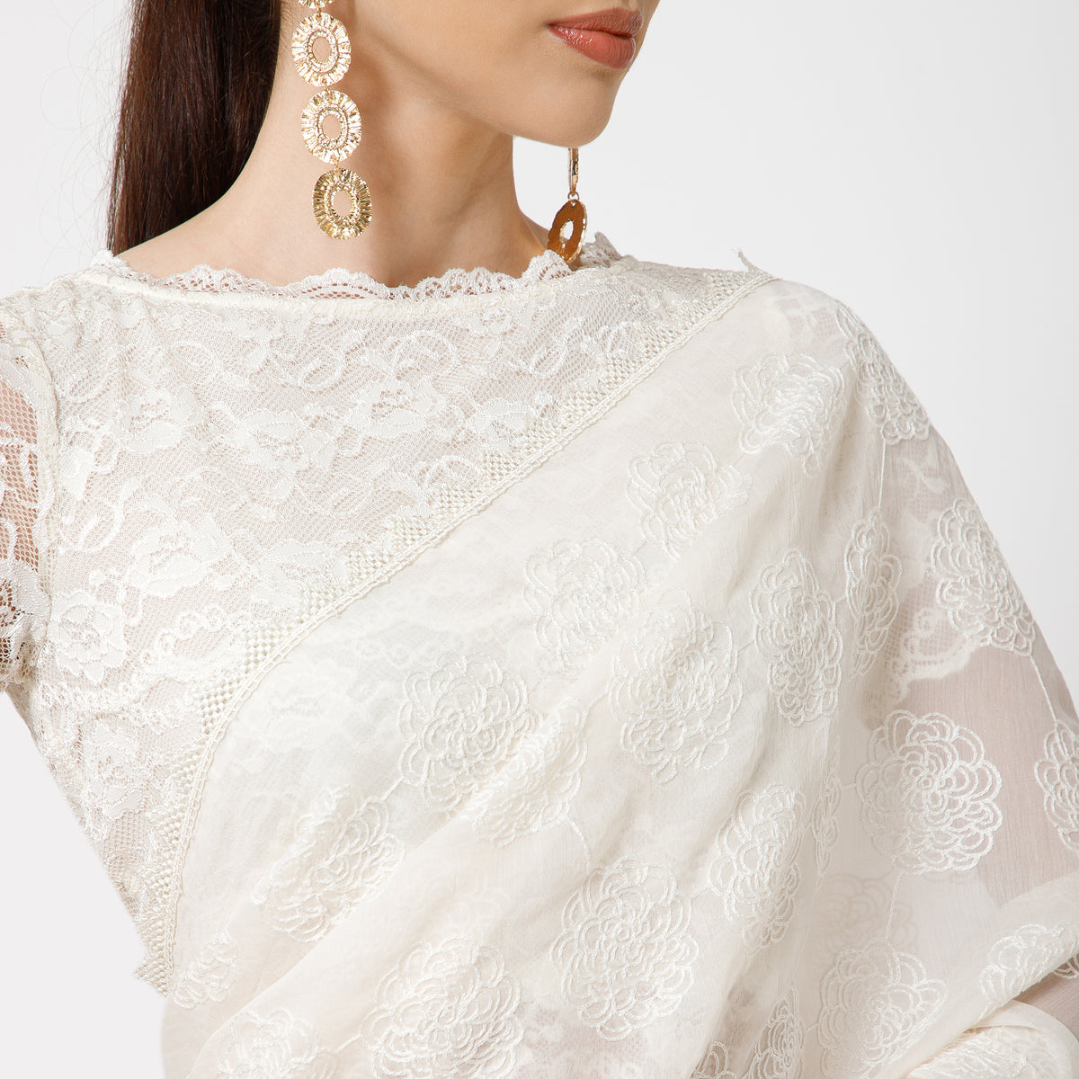 Off White Floral Embroidery Saree