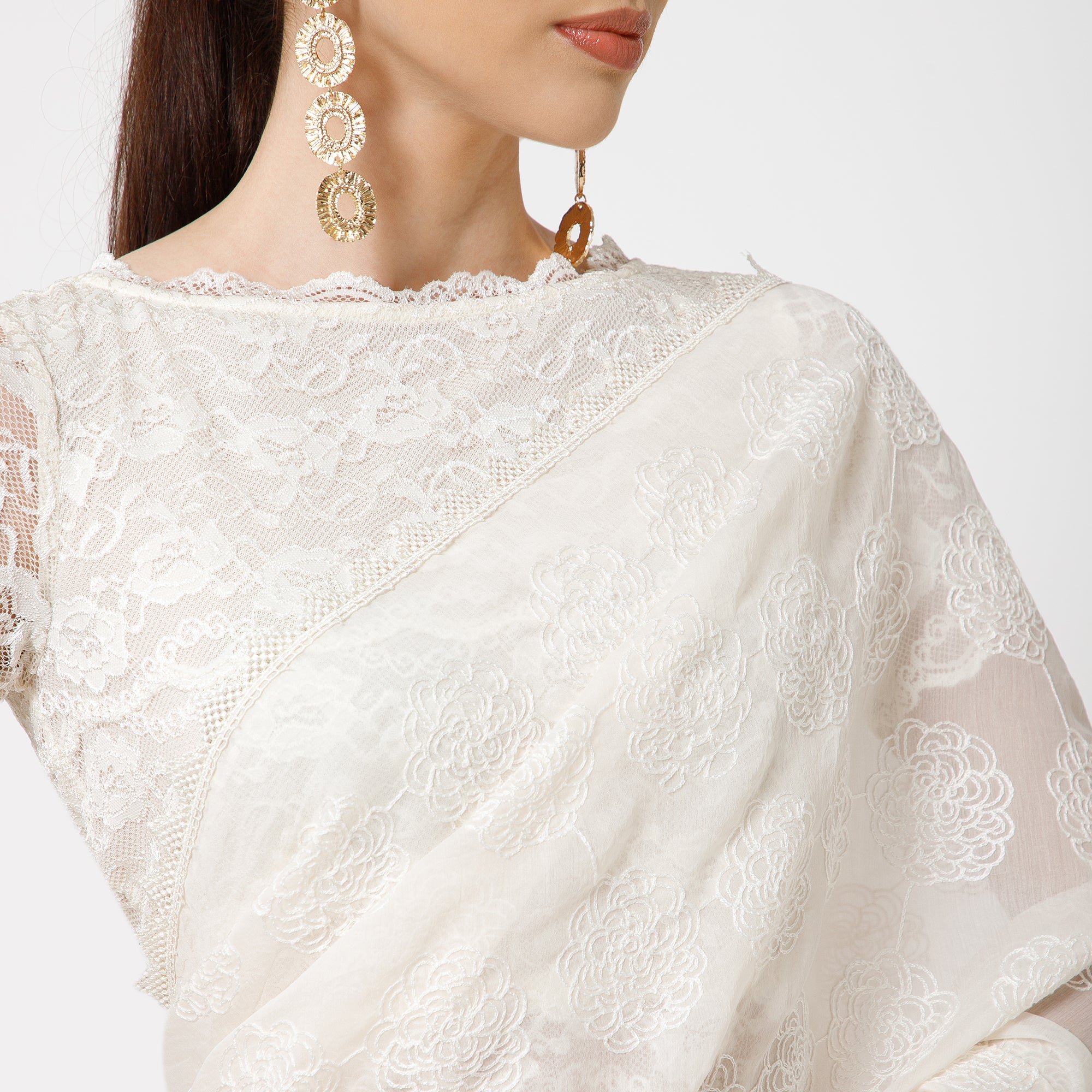 Off White Floral Embroidery Saree