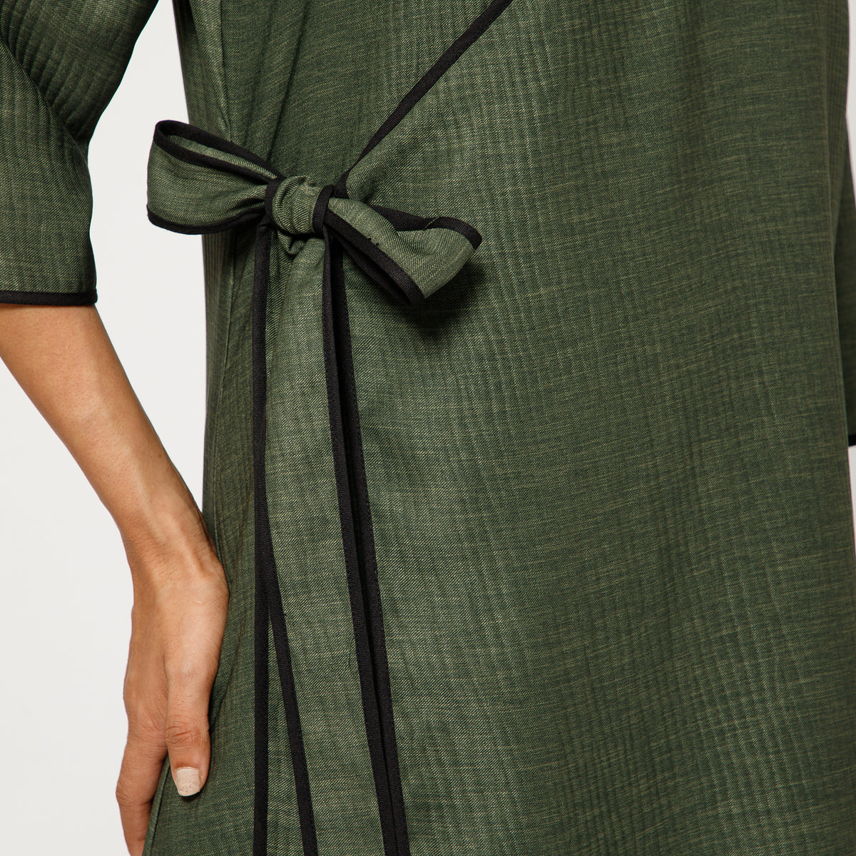 Olive Green Textured A-Line Kurta With Black Piping