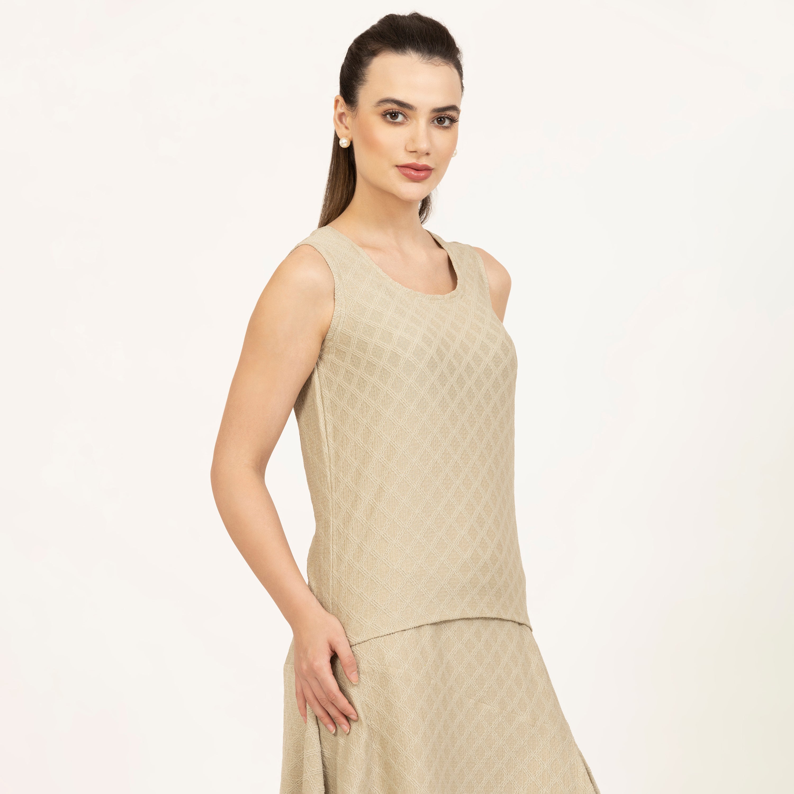 Beige Diamond Textured Without Sleeves Top, One piece professional elegance, Workwear Dresses for Women, Professional Dresses for Women, Shrug dresses for women, beige dresses for women