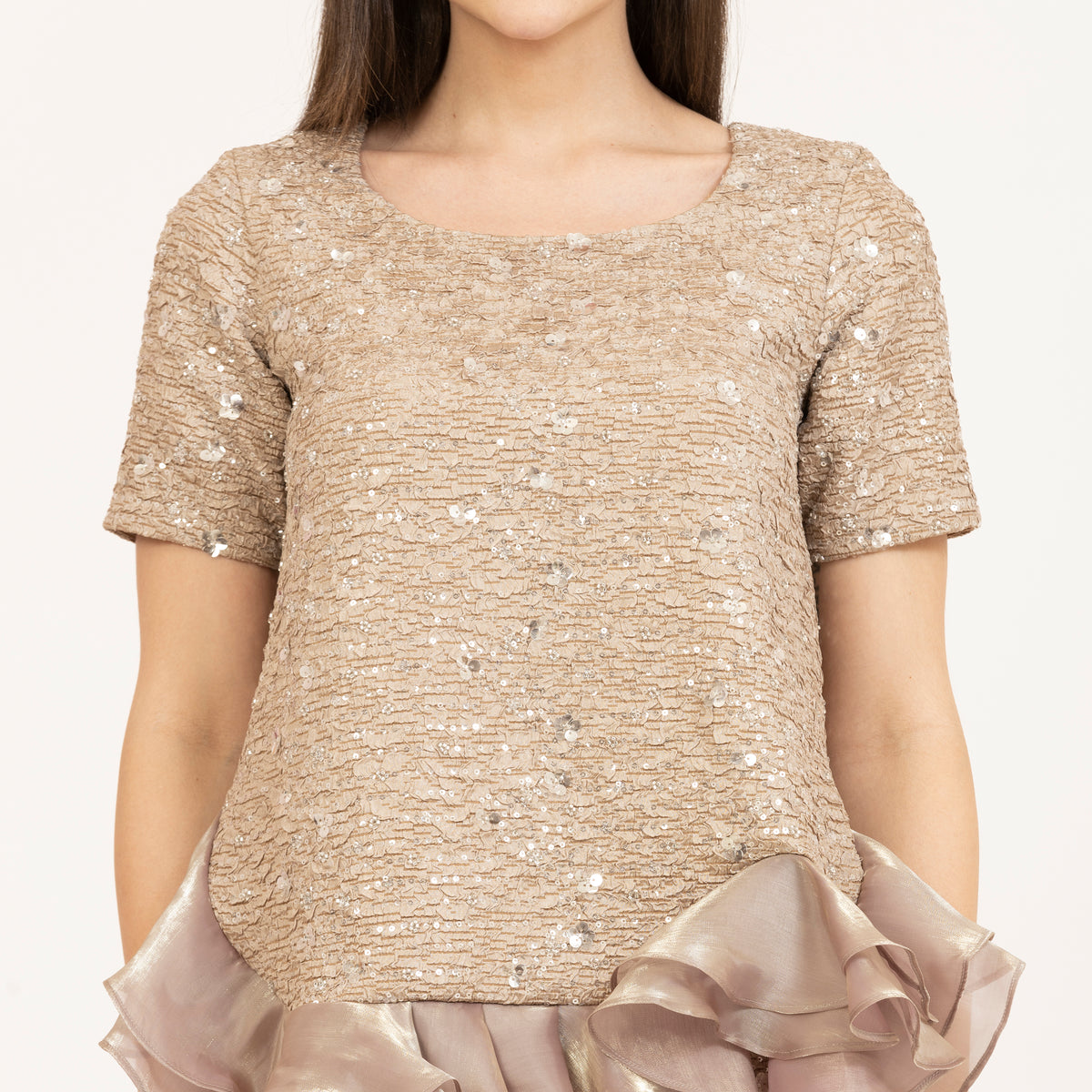 Beige Embroidered Peplum Top With Satin Organza, office wear tops, stylish formal tops, best tops for work, tops with organza, Professional yet stylish office wear for Indian women, Workwear for Indian women in creative industries