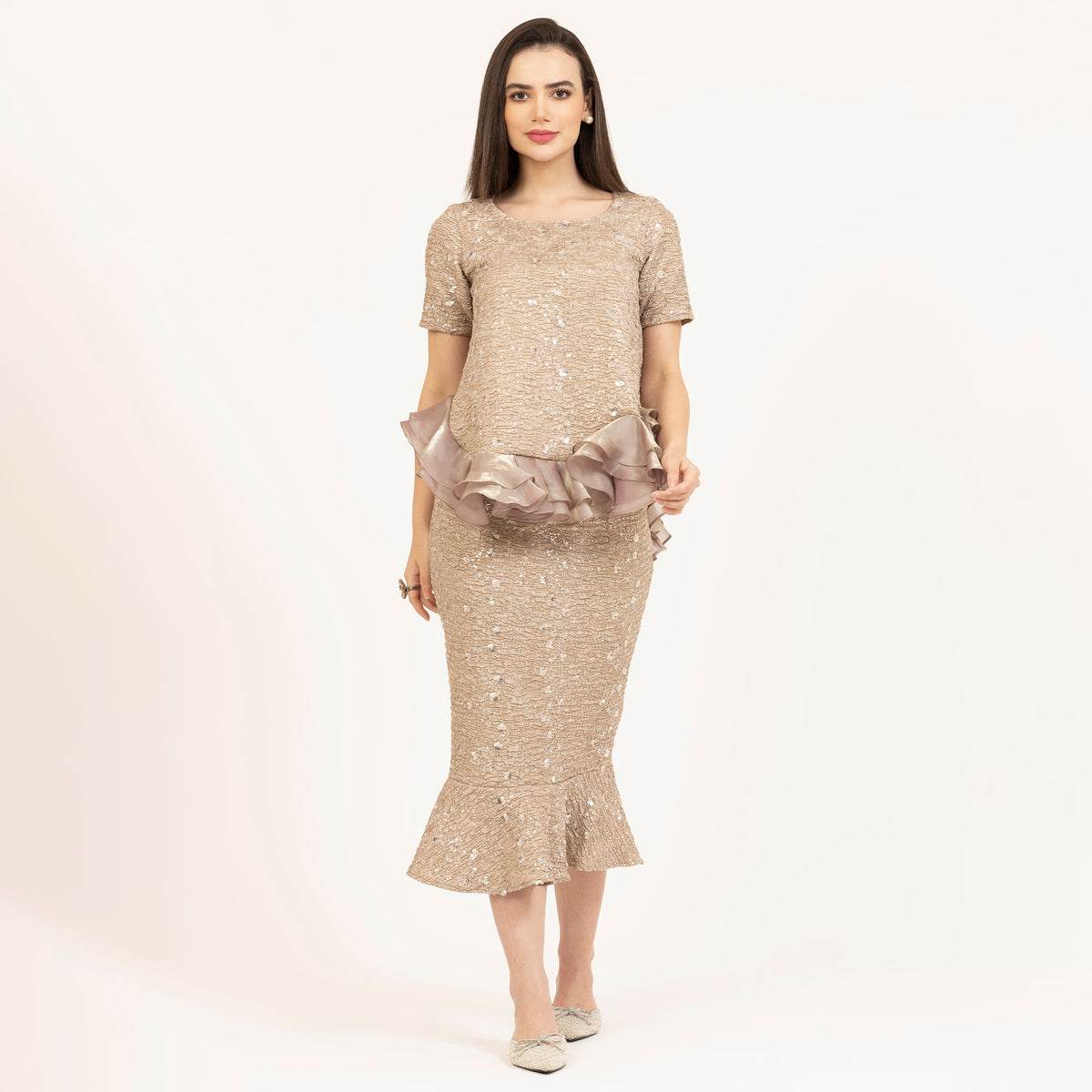 Beige Embroidered Peplum Top With Satin Organza, office wear tops, stylish formal tops, best tops for work, tops with organza, Professional yet stylish office wear for Indian women, Workwear for Indian women in creative industries