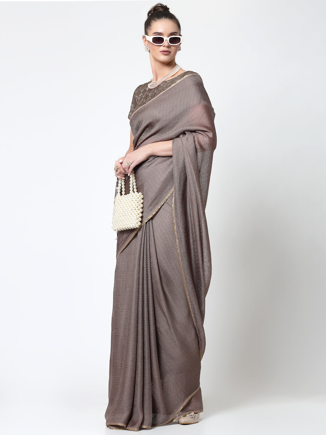 Beige Jute Saree With Pearls, Professional Sarees for Women - Traditional Workwear Elegance