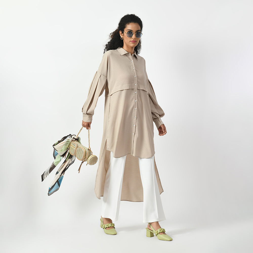 Beige Line Texture Asymmetrical Shirt, beige shirts for women, professional shirts for women , office ready shirts, lightweight formal shirt , casual cotton shirts for office, formal office shirts, best shirts for professional women, long shirt for women