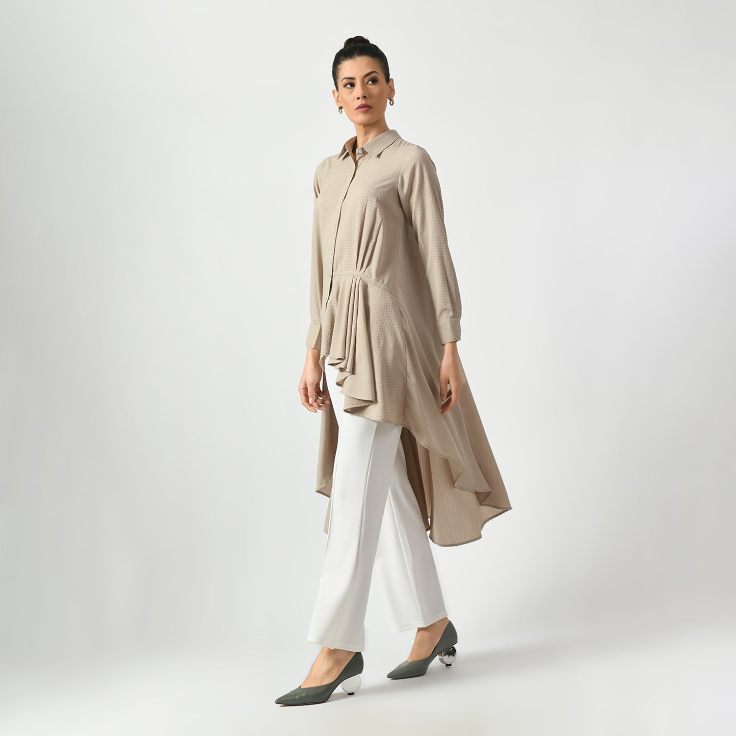 Beige Line Texture Long Tunic, beige tunic, long tunic, tunics for women, line texture tunic for women, line texture dress, dress for women, stylish dress for women, one piece for women dress, office wear women,