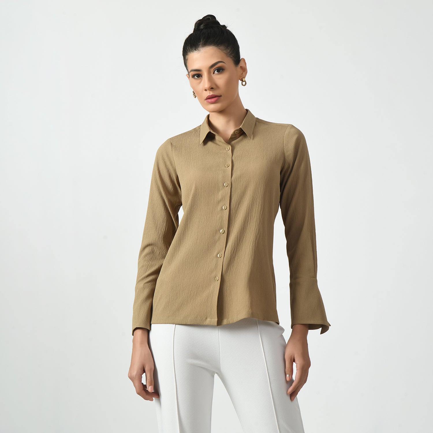 Beige Texture Shirt With Overlap Cuff, texture shirts , overlap cuff shirts, professional shirts for women , office-ready shirts, lightweight formal shirt , casual cotton shirts for office