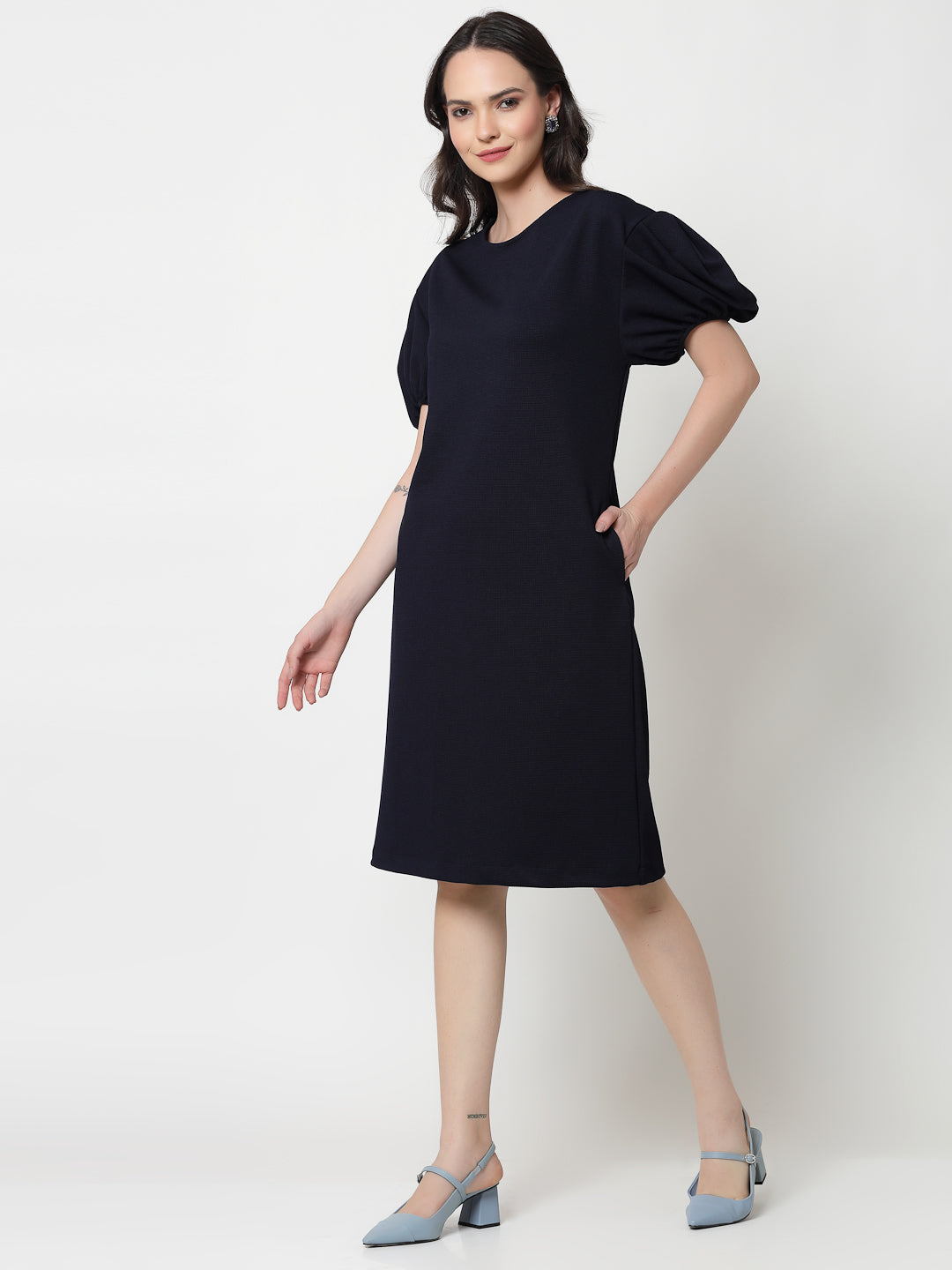 Blue Lycra With Puff Sleeve Dress, dress for women, stylish dress for women, one piece for women dress, office wear women