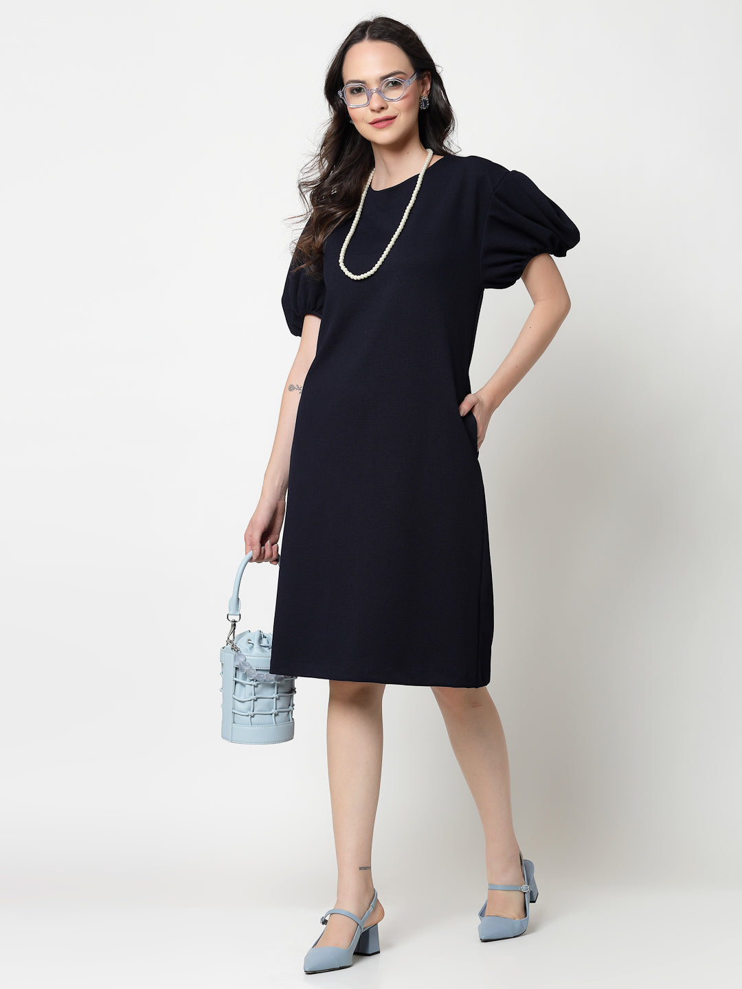 Blue Lycra With Puff Sleeve Dress, dress for women, stylish dress for women, one piece for women dress, office wear women