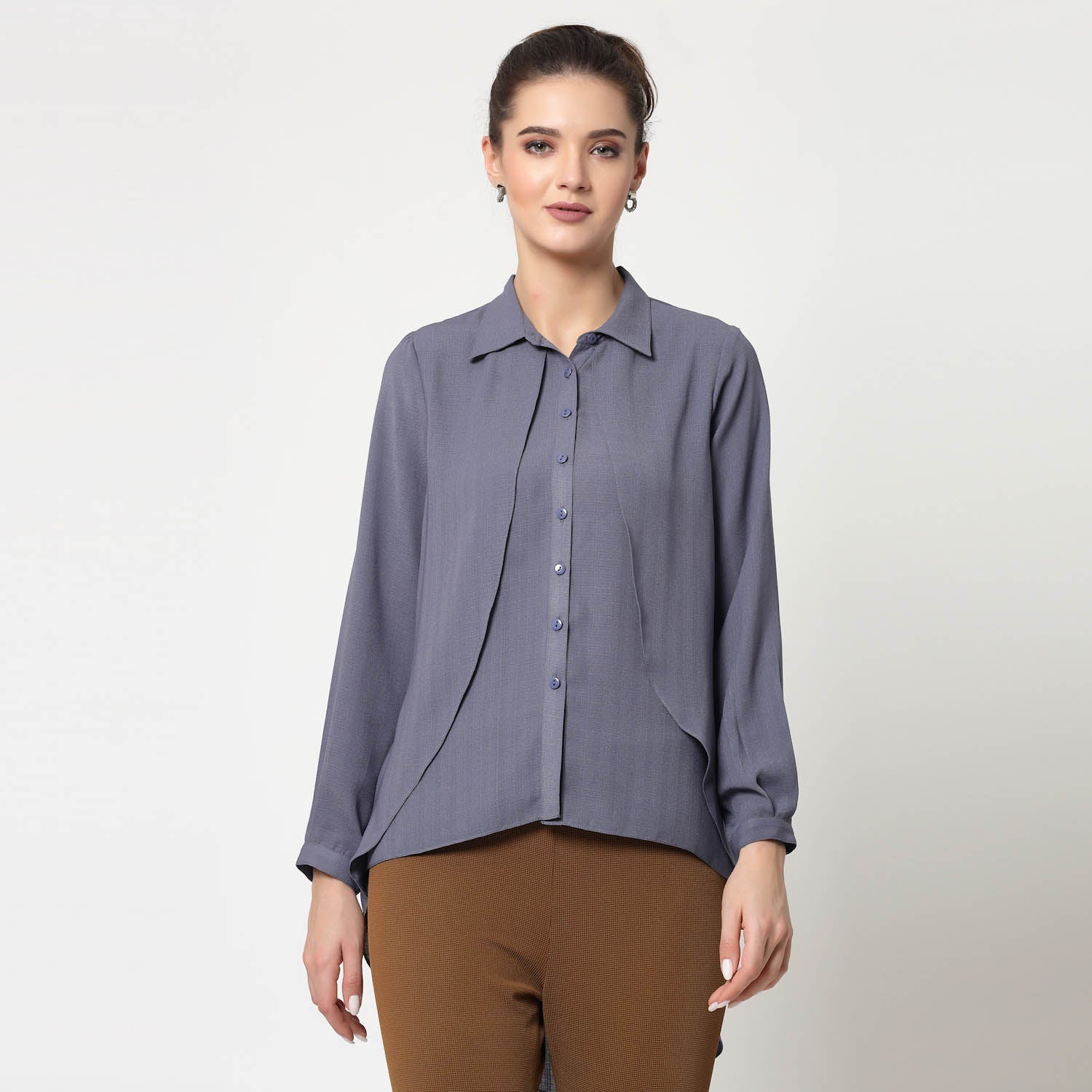 Blue Overlap Asymmetrical Top,womens formal shirts	
cotton shirts for women	
Ofiice shirts for women