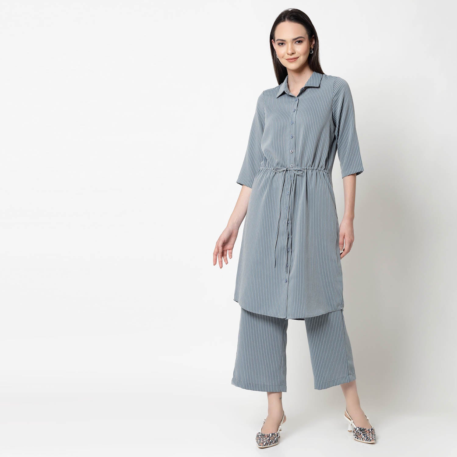 Blue Shirt Tunic With Draw Stings, Chic Tunics for Office Wear: Modern Elegance Redefined