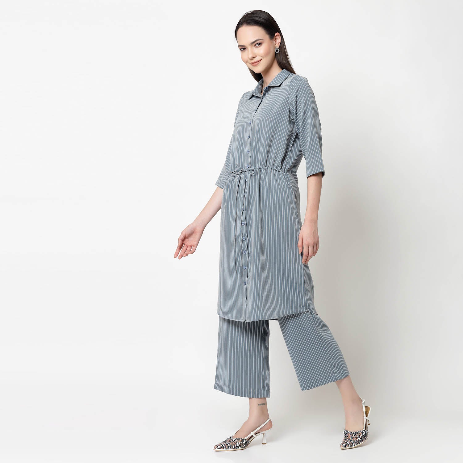 Blue Shirt Tunic With Draw Stings, Chic Tunics for Office Wear: Modern Elegance Redefined