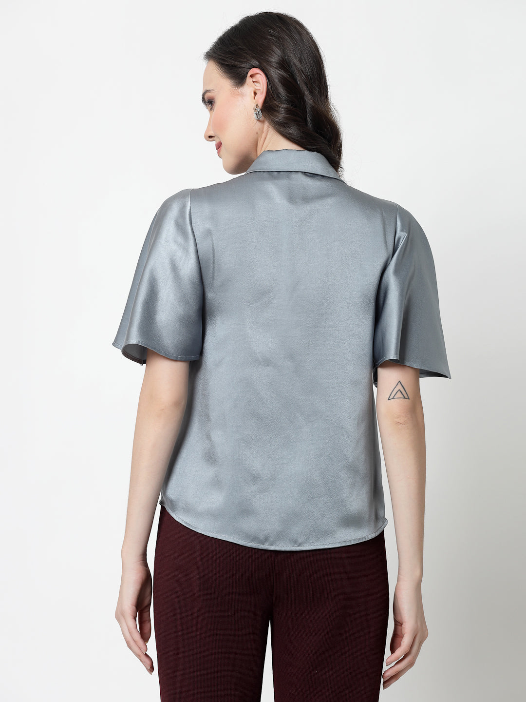Bluish Grey Satin Top With Bell Sleeves & Tie Knot, formal tops for women