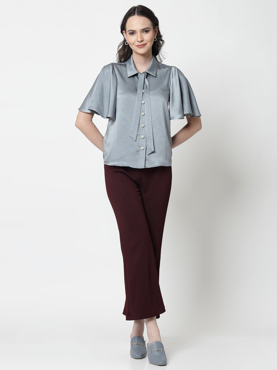 Bluish Grey Satin Top With Bell Sleeves & Tie Knot, formal tops for women
