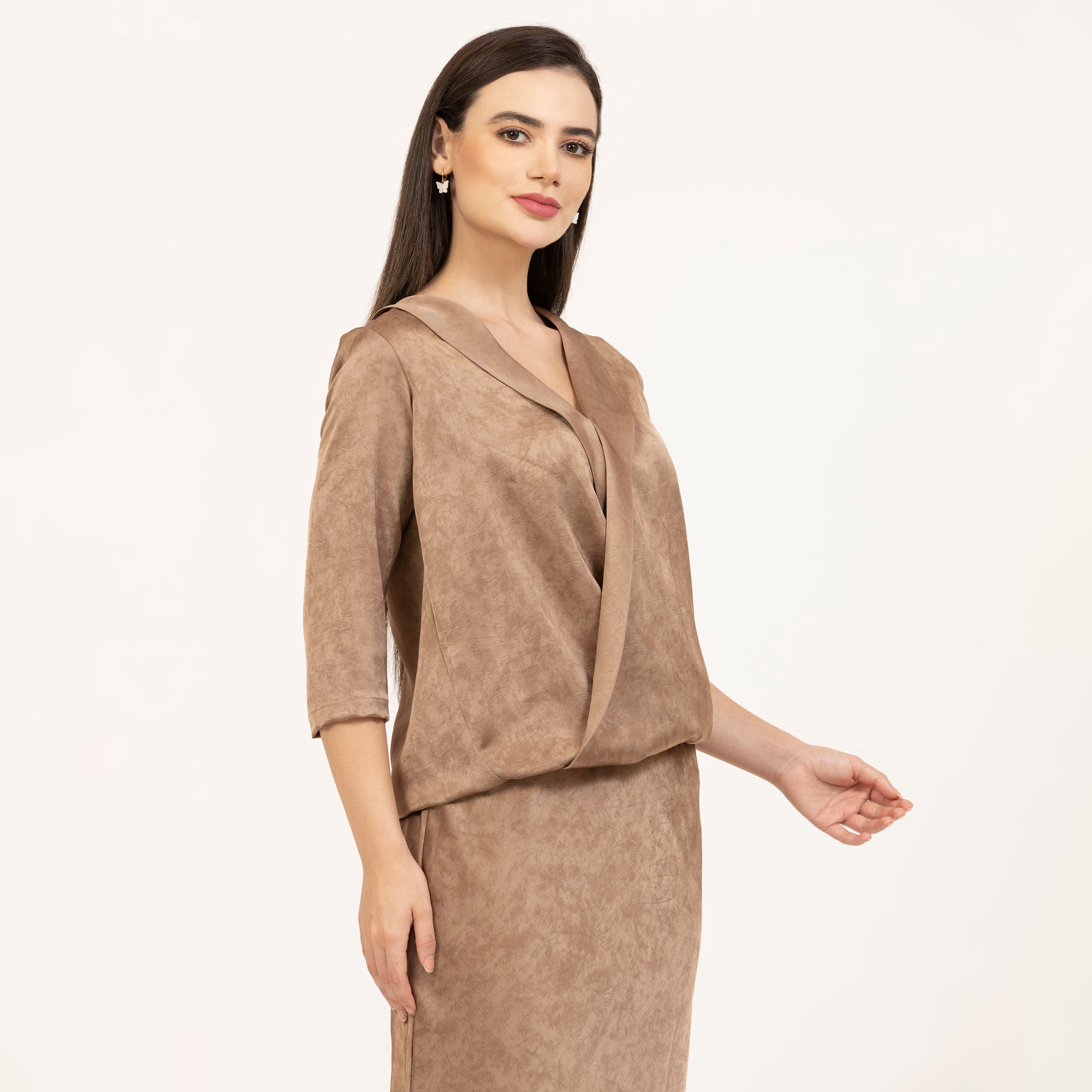 Brown Satin tops with Bell Sleeves, tops for women, office dresses for women, stylish tops for women, modern tops for office, trendy tops for casual office looks, formal office wear for women