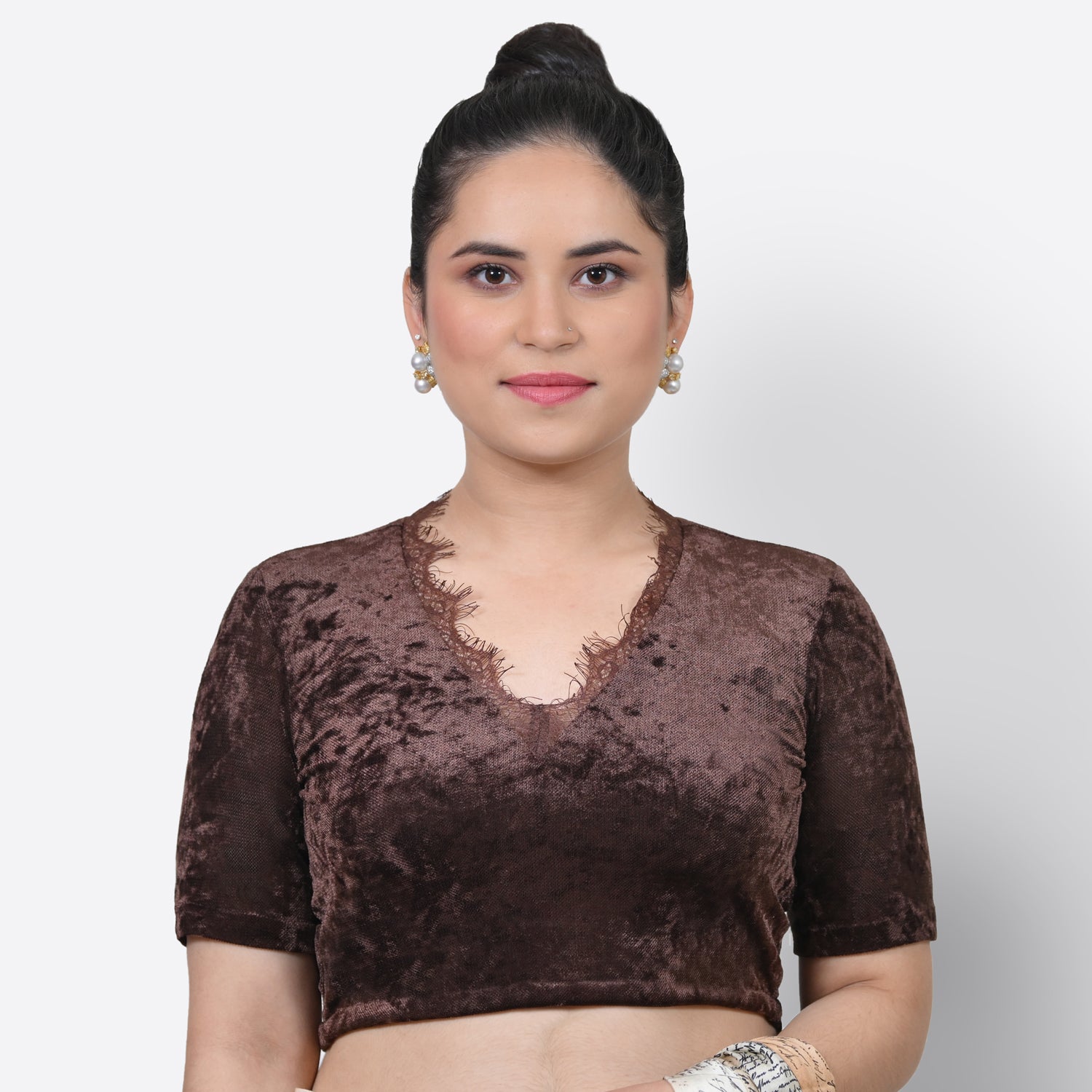 Brown Velvet Blouse With Lace, Stylish Blouses for Sarees - Perfect for Office Wear