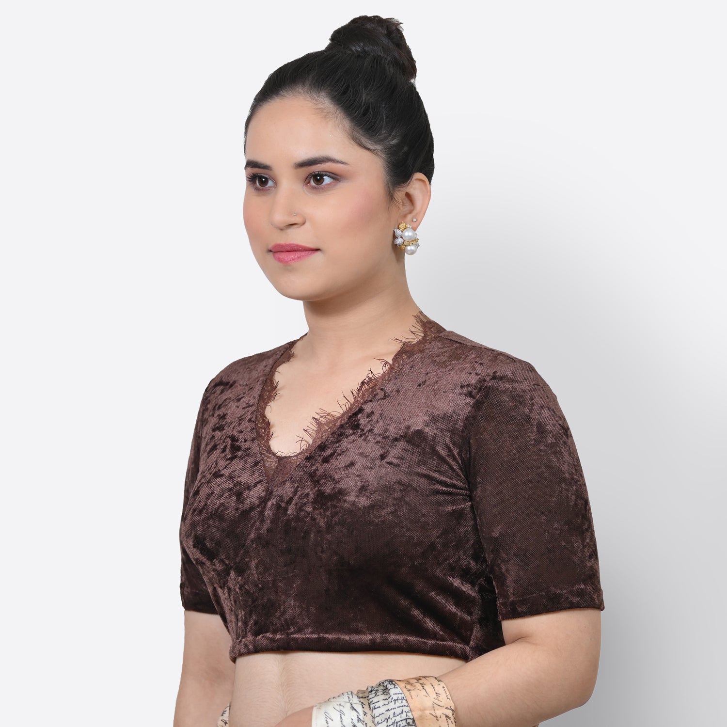 Brown Velvet Blouse With Lace, Stylish Blouses for Sarees - Perfect for Office Wear