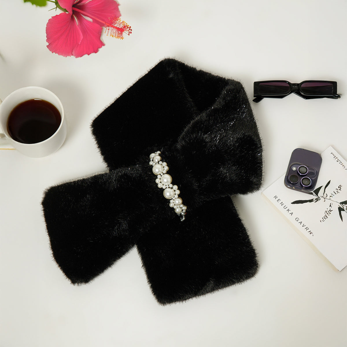 Black Collar Scarf with Pearl-1