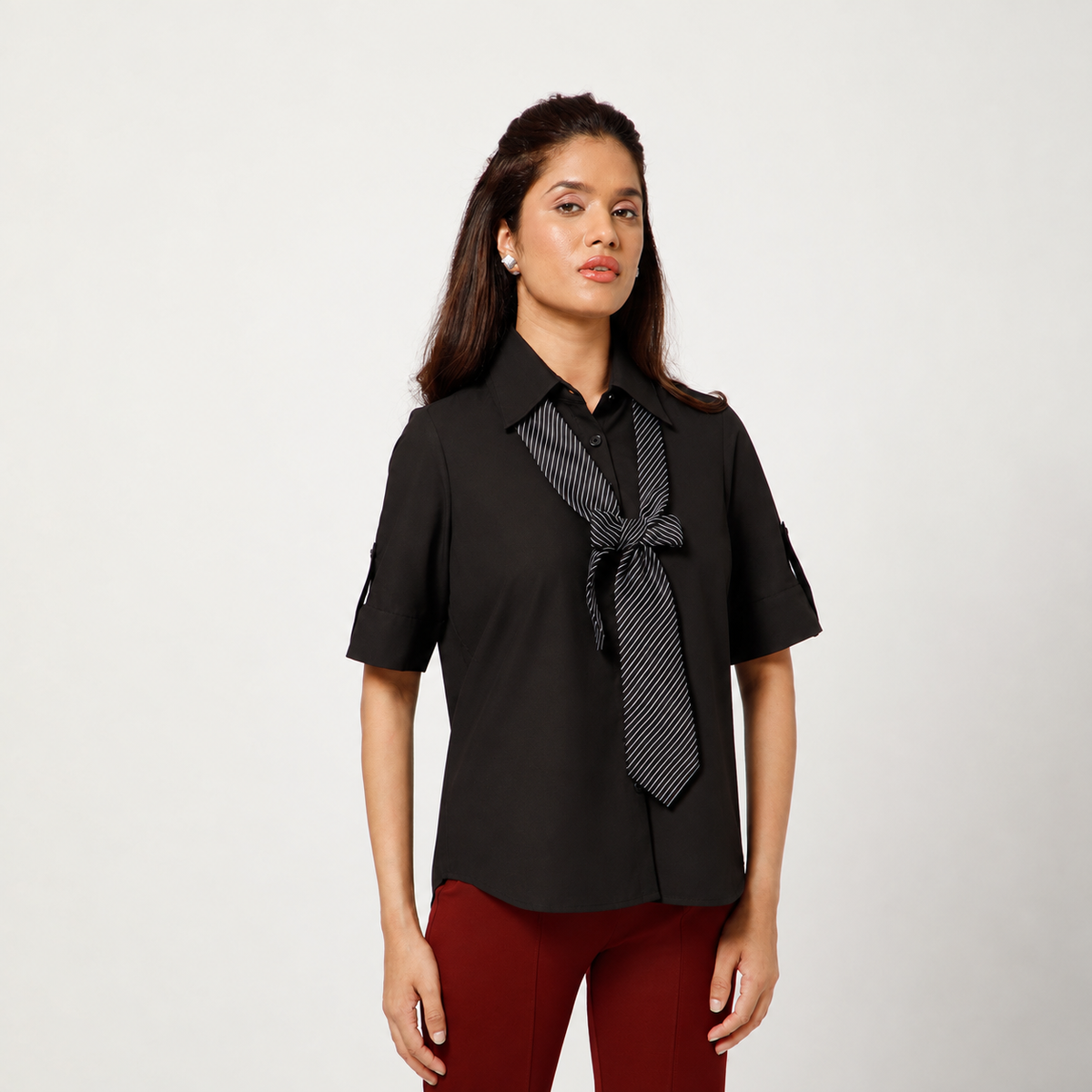 Black Cotton Top With Tie Bow