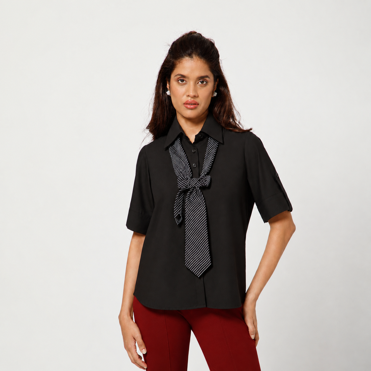 Black Cotton Top With Tie Bow