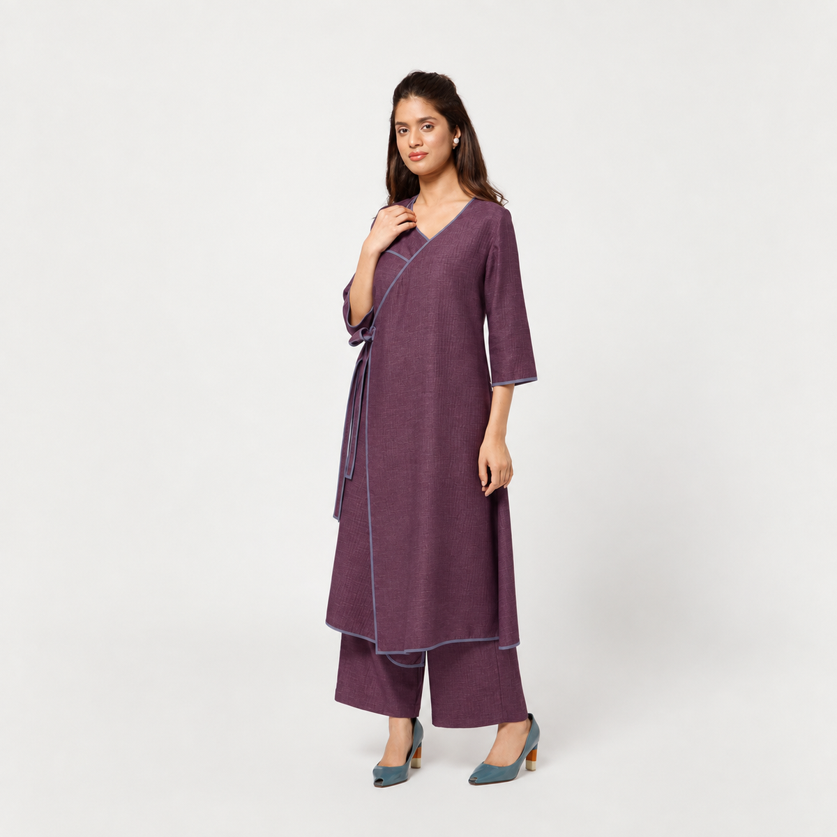 Purple Textured A-Line Kurta With Blue Piping