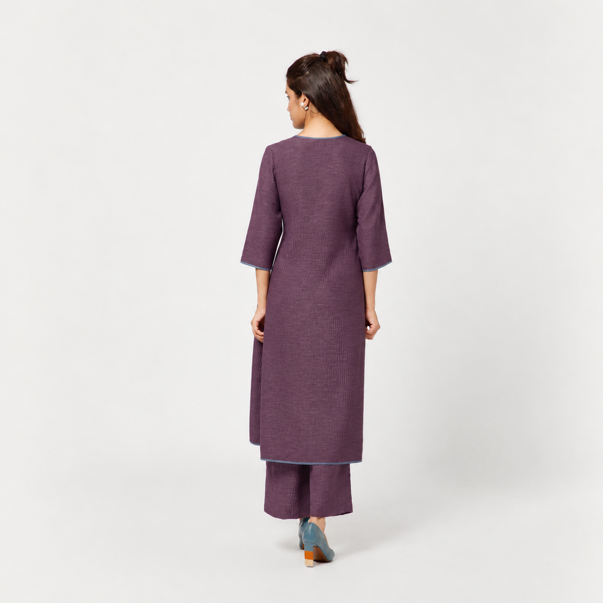 Purple Textured A-Line Kurta With Blue Piping