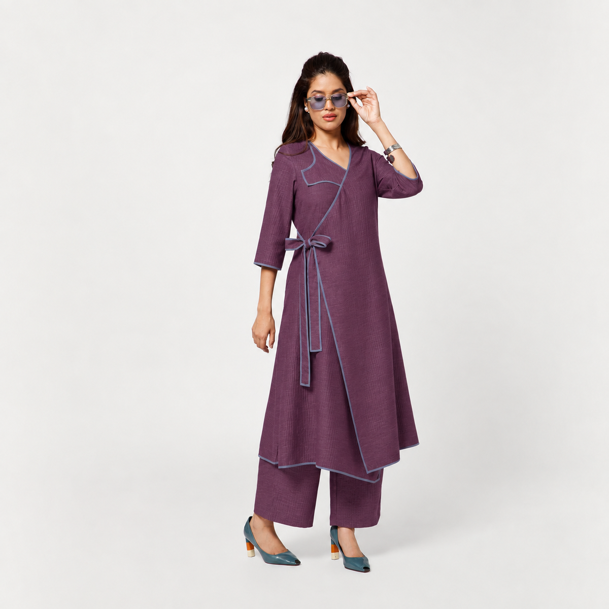Purple Textured A-Line Kurta With Blue Piping