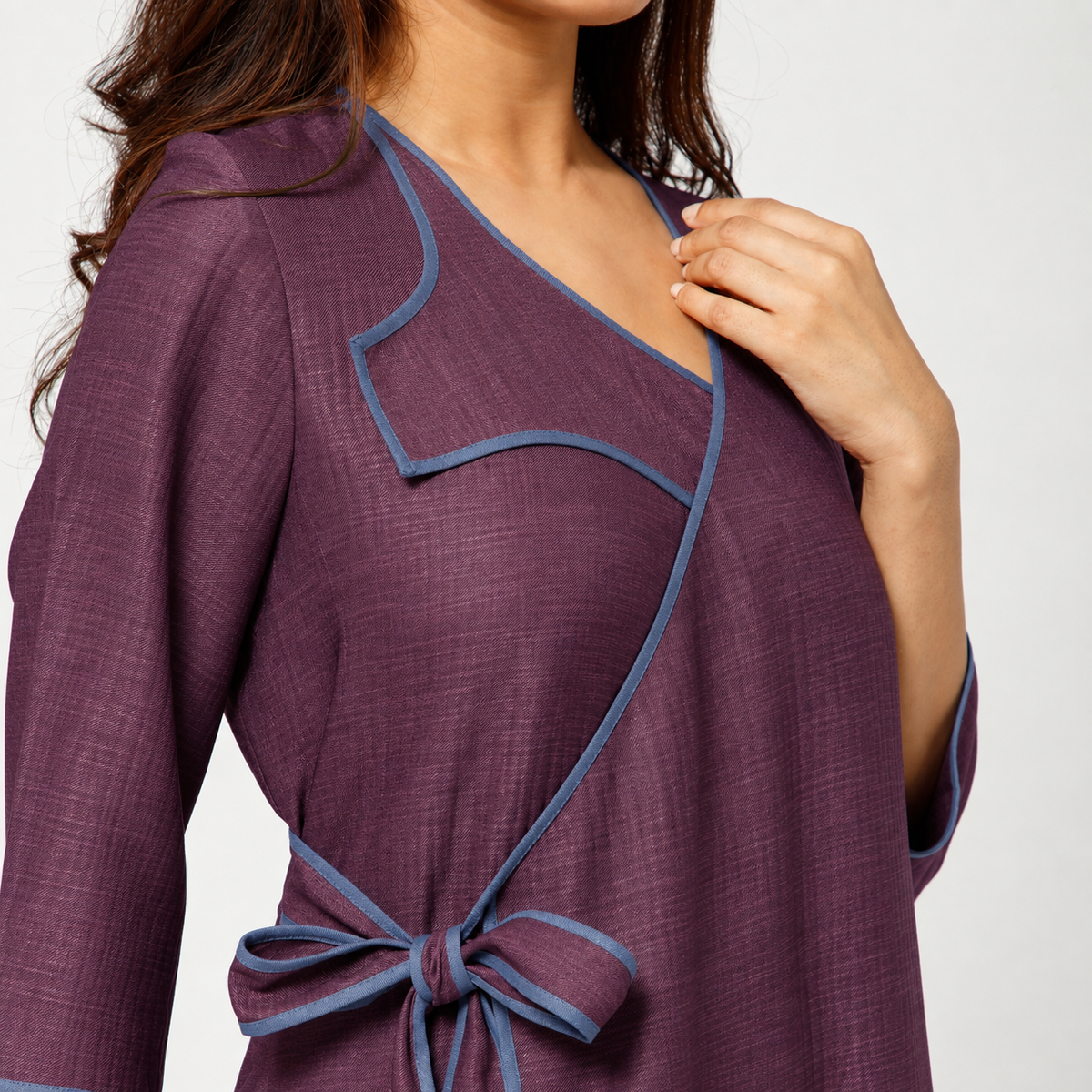 Purple Textured A-Line Kurta With Blue Piping
