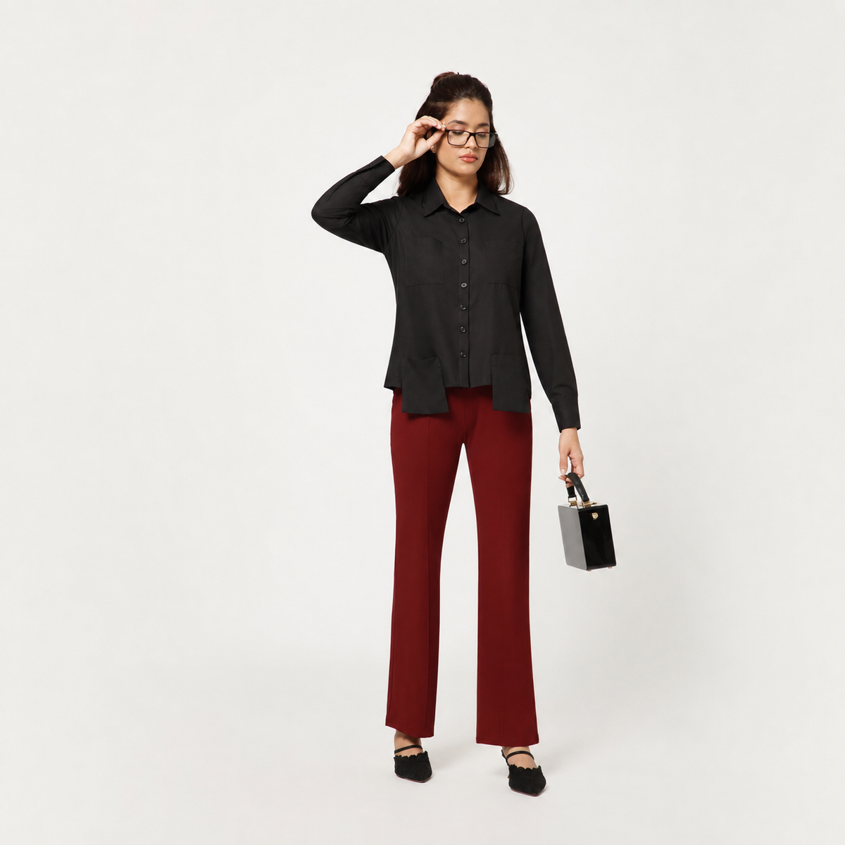 Black Cotton Boxy Shirt With Visible Pocket
