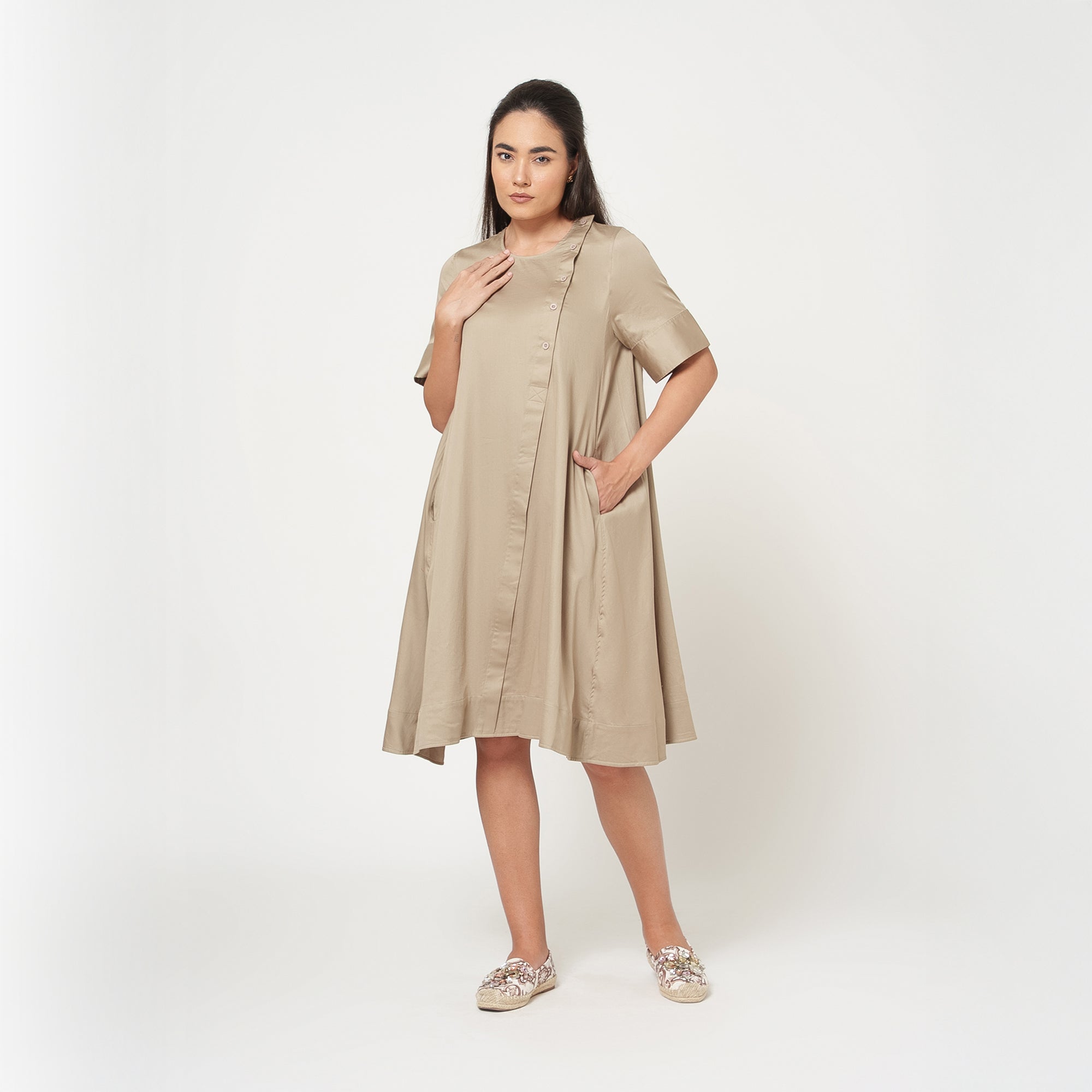 Beige Cotton A-Line Dress -2