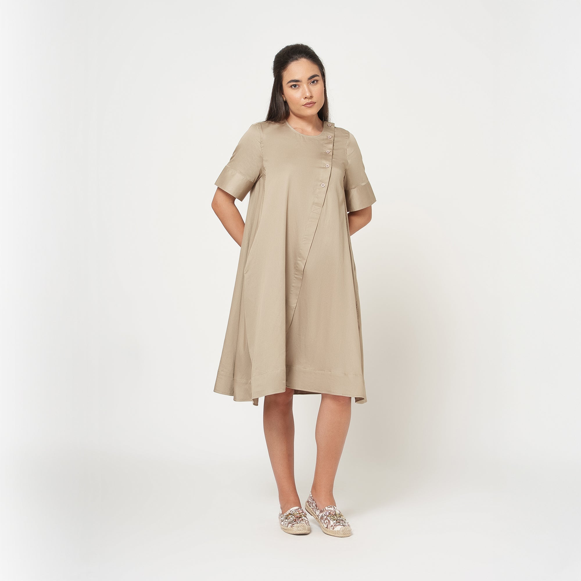 Beige Cotton A-Line Dress -6