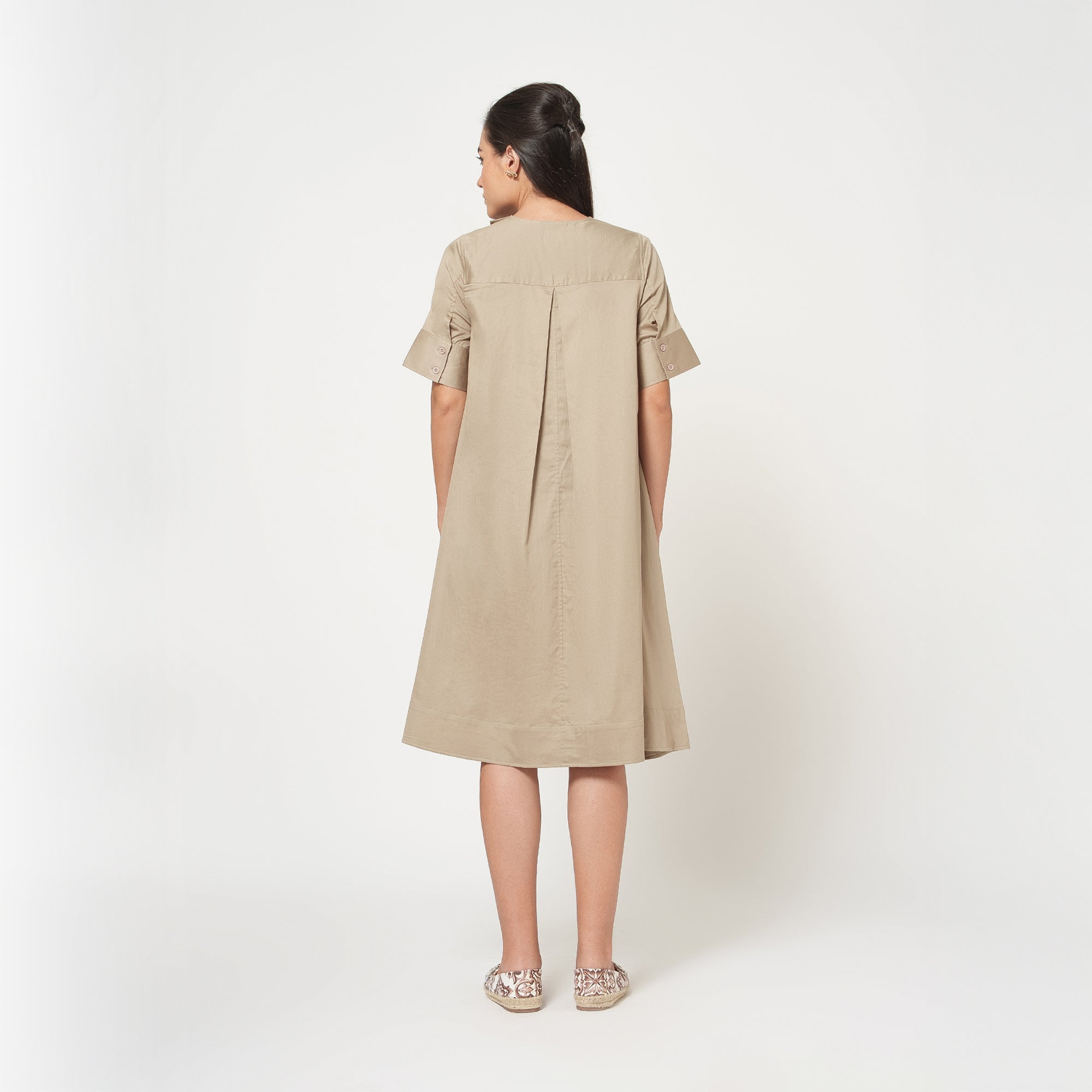 Beige Cotton A-Line Dress -5