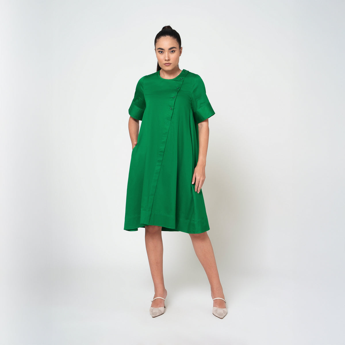 Green Cotton A-Line Dress-6