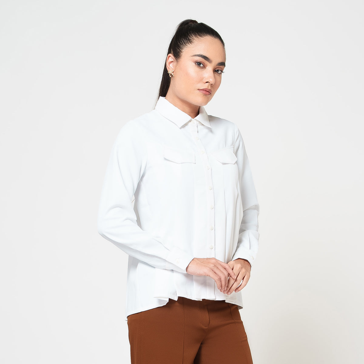 White Crepe Pleated Shirt
