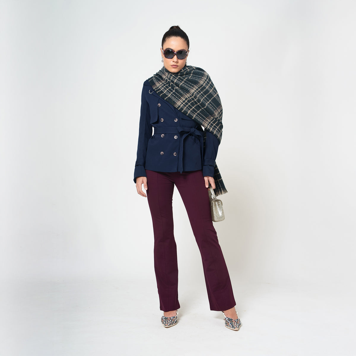 Navy Blue With White Check Stole