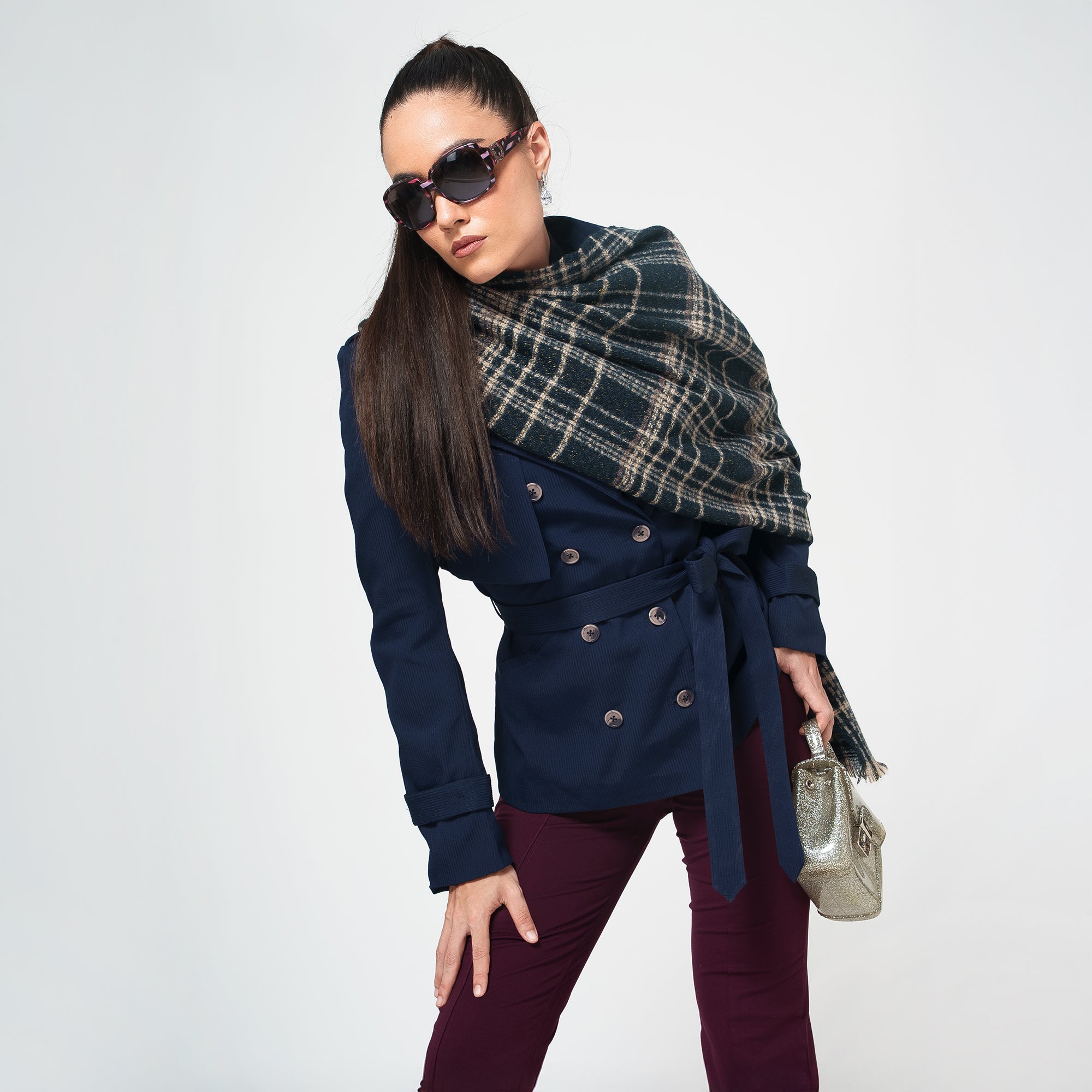 Navy Blue With White Check Stole