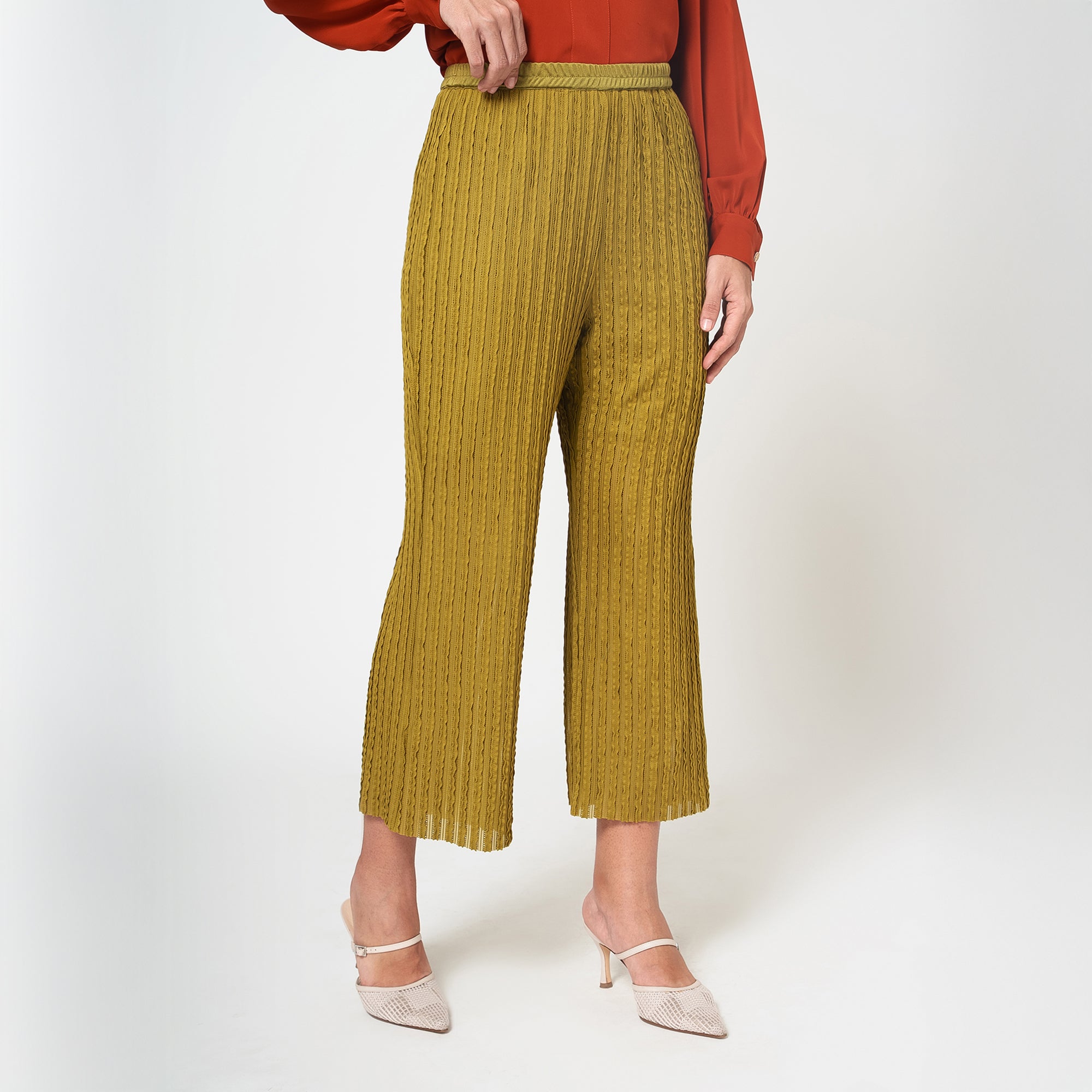 Olive Green Lycra Textured Plazzo