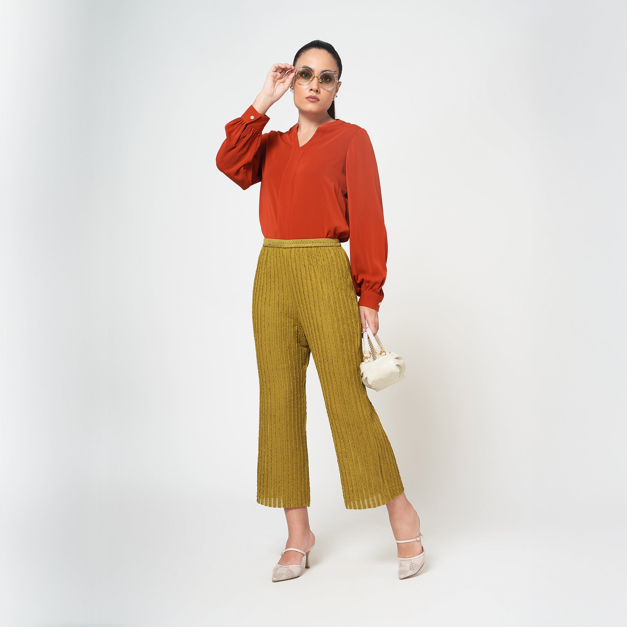 Olive Green Lycra Textured Plazzo