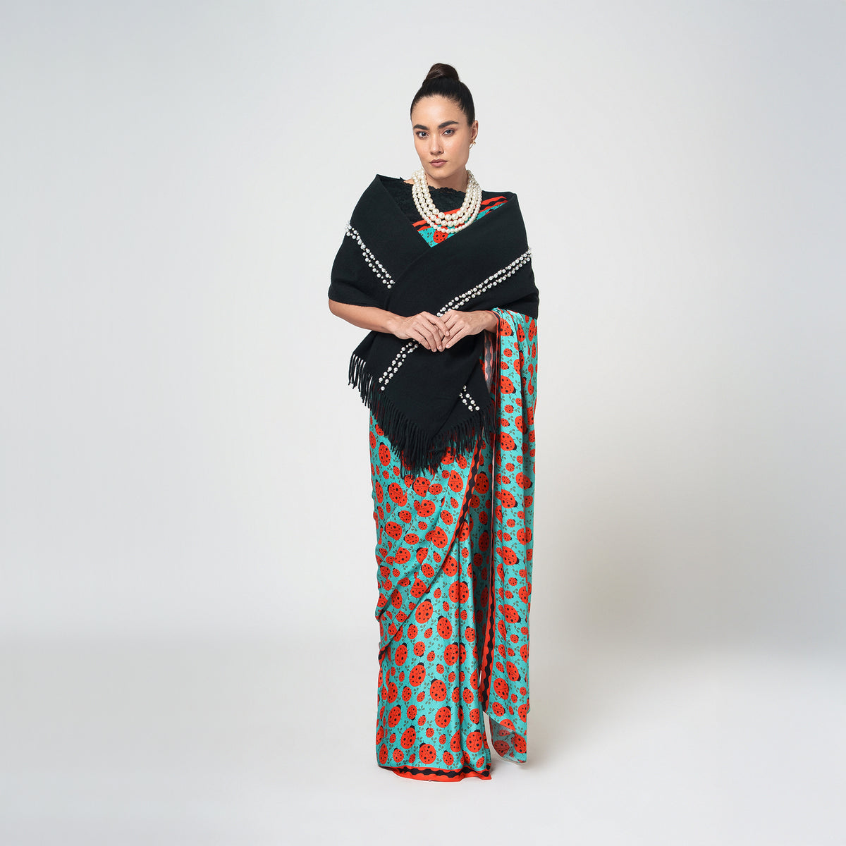 Black Stole With Crystal And Pearls