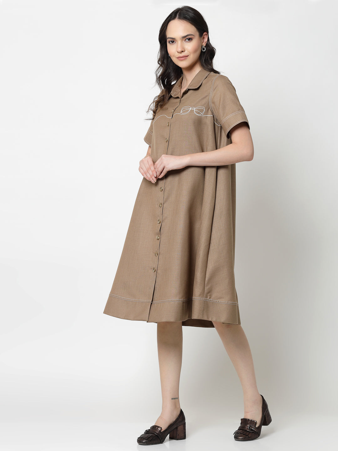 Dark Beige Dress With Embroidered Spectacles,dress for women, stylish dress for women, one piece for women dress, office wear women	
	
	
	