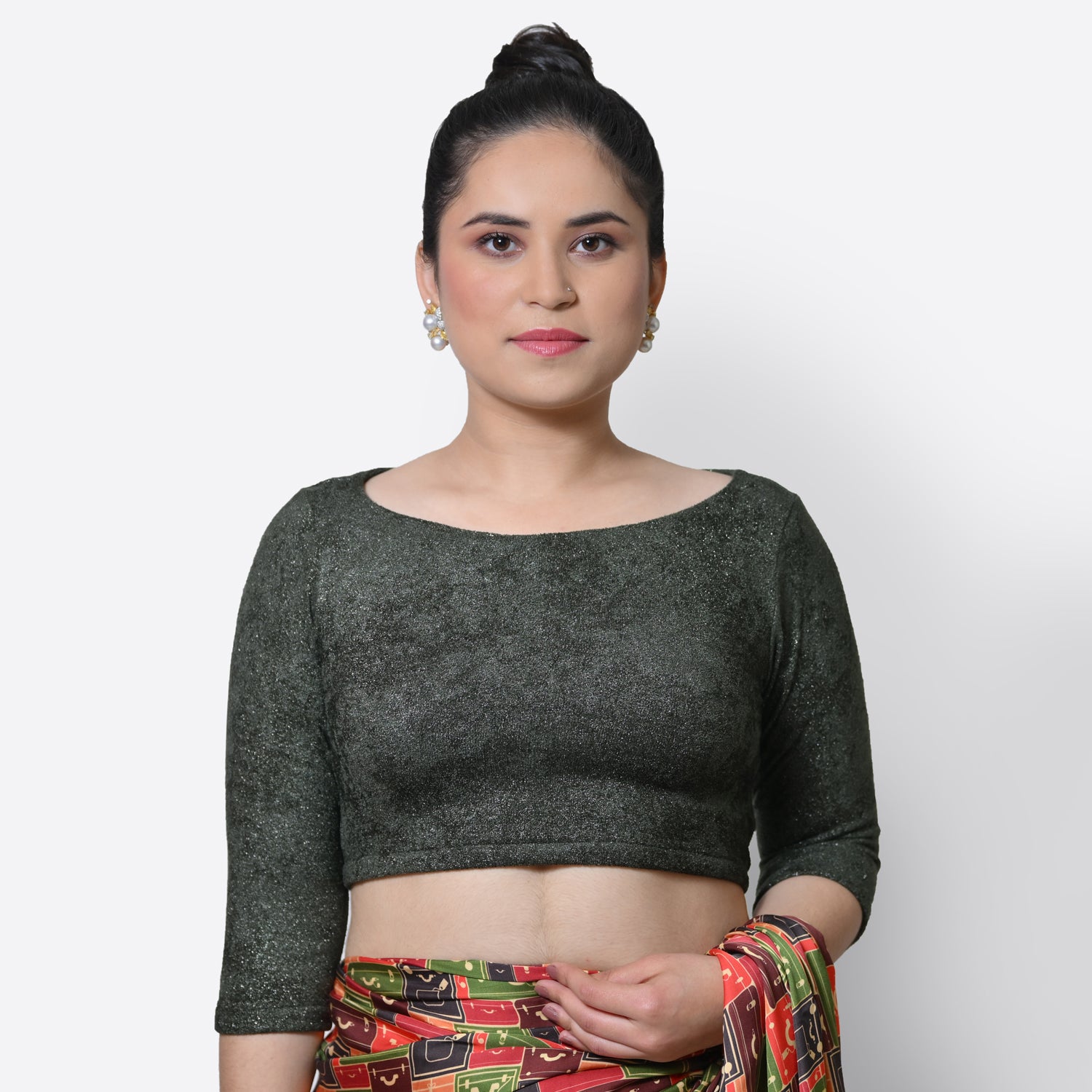 Dark Green Boat Neck Velvet Blouse, Stylish Blouses for Sarees, Perfect for Office Wear