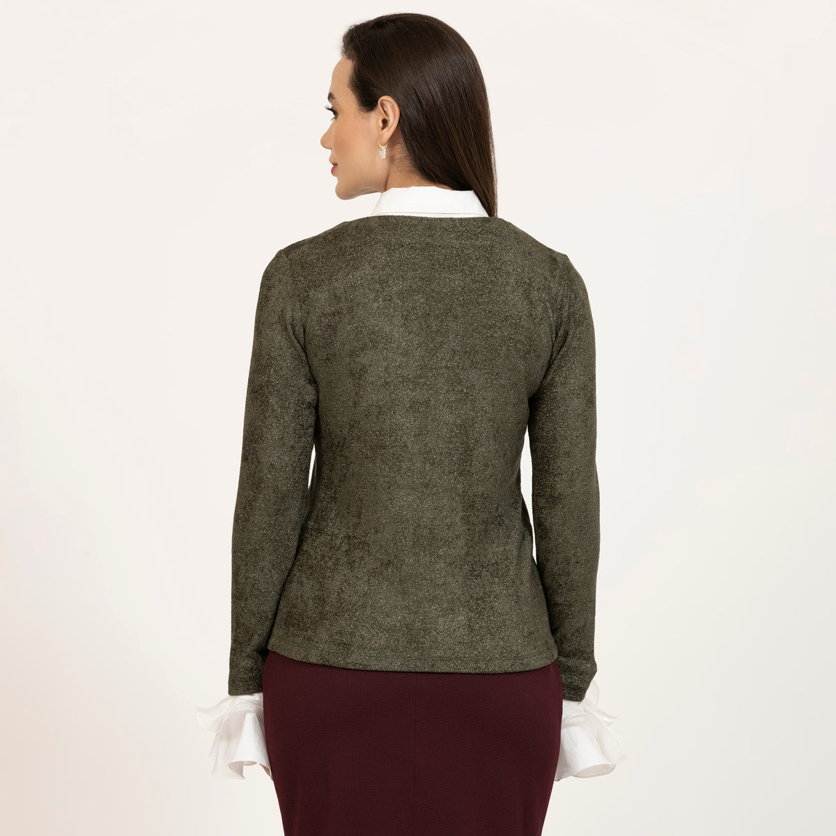Dark Green Shimmer Velvet Top With Detachable Collar & Cuff, office tops for women, stylish tops for women, modern tops for office, trendy tops, casual office looks, formal office wear for women, Detachable hands Collar, white hand collar