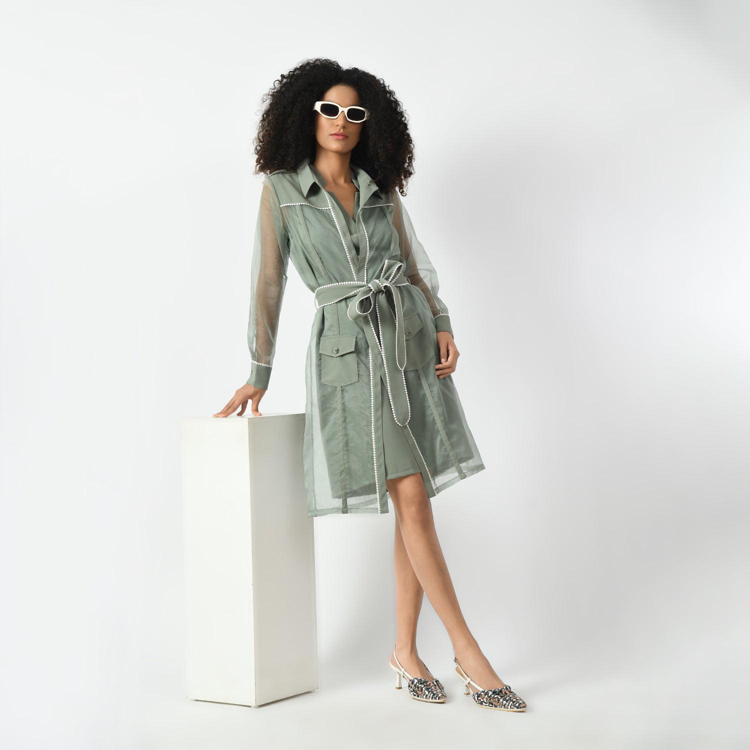 Dusty Green Organza Long Jacket, long jacket, organza jacket, green jacket, dusty green, Power Dressing Essentials,Chic Layers for Office Looks ,Smart Jackets for Professionals